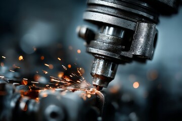 Aufkleber - Metalworking process with precision machinery creating sparks in a workshop environment