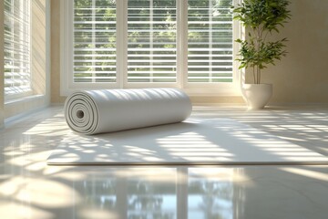 Poster - Yoga mat ready for practice in a sunlit room with large windows and potted plant