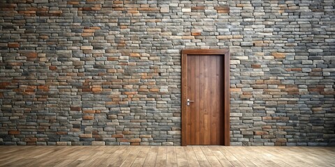 Leinwandbilder - Rustic wooden door set against a multicolored stone wall in a room with hardwood flooring