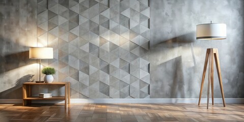 Poster - Modern minimalist interior design with geometric wall tiles, wooden floor, and tripod floor lamp