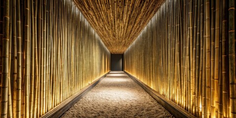 Aufkleber - Serene Passageway Illuminated Bamboo Walls and Textured Floor in a Tranquil Corridor