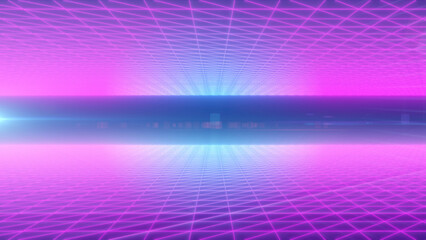 Poster - A futuristic digital landscape featuring vibrant neon pink and blue grid lines forming an abstract cyber space. Ideal for technology and virtual reality concepts
