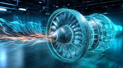 Poster - Dynamic hologram of a turbine showcasing advanced technology in a futuristic manufacturing facility