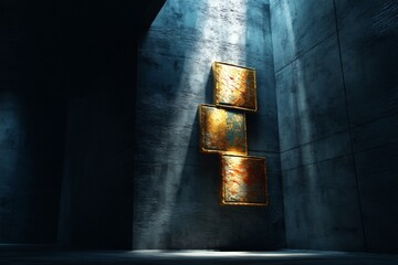Aufkleber - Modern abstract art pieces illuminated by sunlight in a minimalist concrete room