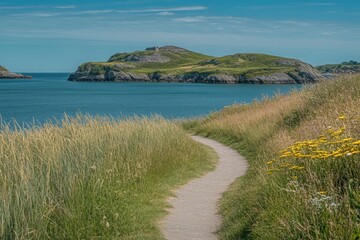 Poster - Coastal pathway leading to an island with lush greenery and calm waters under a clear sky in summer