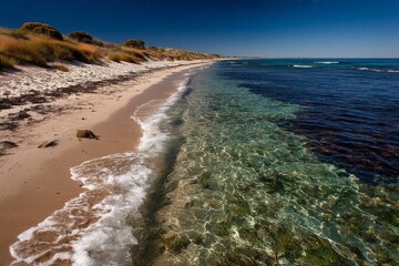 Aufkleber - Beautiful shoreline with clear water and sandy beach under a blue sky in a coastal area