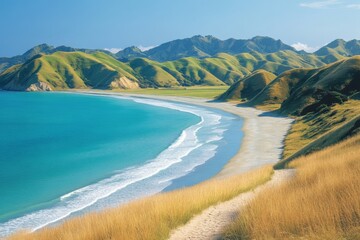 Aufkleber - Serene coastline with lush green hills and clear blue waters under a bright sky