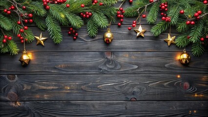 Poster - Festive Winter Holiday Background with Evergreen Branches, Golden Ornaments, and Star Decorations on Dark Wood