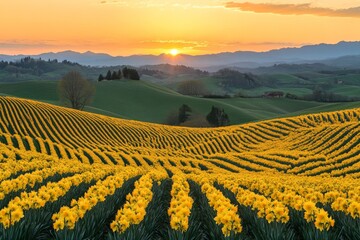 Aufkleber - Sunset over vibrant daffodil fields in rolling hills during springtime