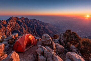 Poster - Vibrant sunset view from mountain campsite with orange tent overlooking valleys and peaks