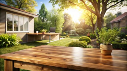 Aufkleber - Serene Backyard Oasis Wooden Table with Greenery and Blurred Home Office in Background
