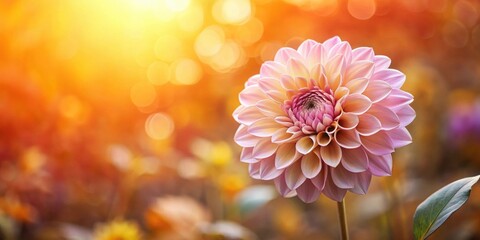 Poster - A delicate pale pink dahlia blooms in a field of warm autumnal hues, bathed in the soft glow of the setting sun.