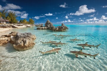 Poster - Sharks swimming in clear turquoise waters near rocky shoreline on a sunny day