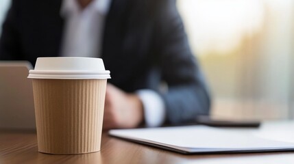 Poster - Mature businessman smiles as he engages with his laptop in a bright office, with a cup of coffee and a notepad nearby adding a casual touch
