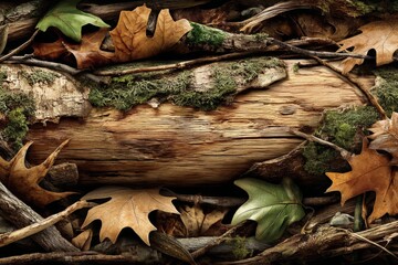Poster - Natural forest floor with fallen leaves, twigs, and moss including a prominent log in autumn colors