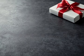 Poster - Close-up view of a minimal white gift box adorned with a sleek red satin ribbon, against a smooth charcoal background, creating an elegant and modern feel