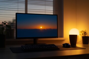 Poster - Close-up of a sleek desk setup with a monitor displaying a sunset, a black keyboard, and mouse, illuminated by soft lighting for an organized workspace