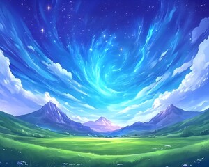 serene landscape with swirling celestial aurora borealis over grassy valley and mountains