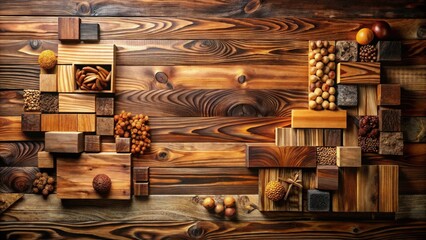 Aufkleber - Abstract Wooden Block and Seed Arrangement on Rustic Wood Background