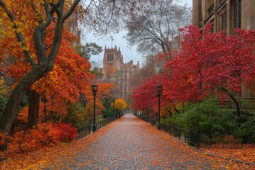 Poster - Vibrant autumn colors fill the path in a historic university campus in the heart of the city during late afternoon