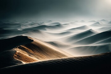 Poster - Mesmerizing desert landscape at dusk reveals undulating sand dunes and soft light across the horizon