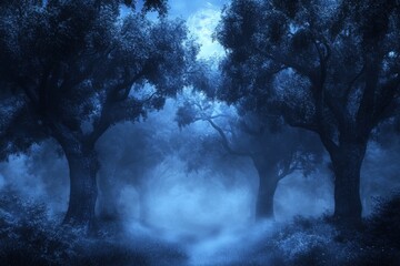 Poster - Mysterious moonlit forest shrouded in mist during the serene night hours