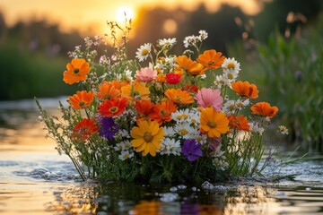 Poster - Colorful wildflowers float serenely on a calm river during sunset in a tranquil natural setting