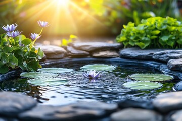Poster - Serenity in a garden pond with blooming water lilies during golden hour