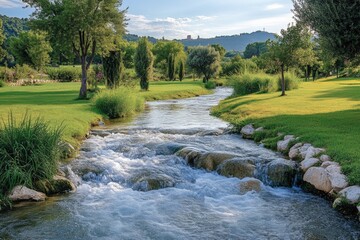 Poster - Serene river flows through a lush landscape with greenery and gentle hills in the background during daytime