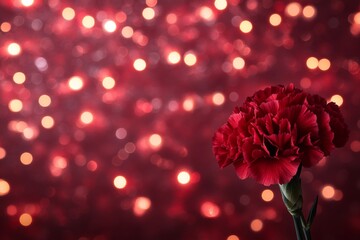 Aufkleber - A striking red carnation stands in focus against a soft bokeh backdrop, creating a sentimental feel with space for text on the right side of the composition