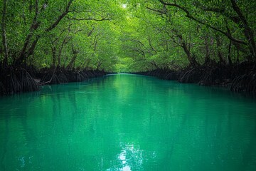 Poster - Lush greenery along a serene river with vibrant turquoise waters and towering mangrove trees in the heart of nature