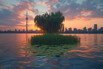 Aufkleber - Stunning sunset over Toronto skyline with tranquil lake and lush greenery