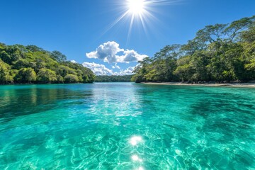 Poster - Crystal clear waters and lush greenery in a tropical paradise on a sunny day