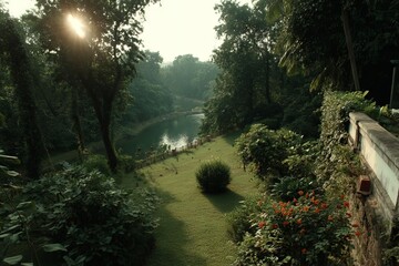 Poster - Morning light illuminates serene garden by the river in lush green surroundings