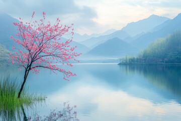 Poster - Serene cherry blossom tree by a tranquil lake surrounded by misty mountains at dawn