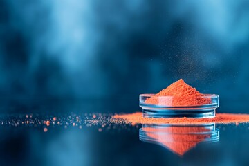 Poster - Vibrant orange pigment powder fills a glass bowl on a reflective black surface. Tiny particles scatter around, enhancing the dynamic visual appeal of the composition
