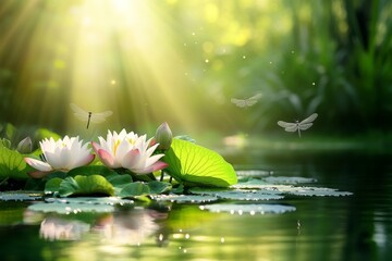 Aufkleber - Delicate lotus flowers and dancing dragonflies in a tranquil pond during golden hour