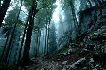 Fototapete - Misty forest trail with towering trees and rocky terrain in early morning light