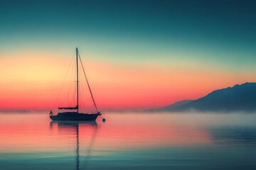 Aufkleber - Sailboat gliding on calm waters at dawn with mist and mountains in the background