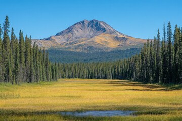 Poster - Mountain landscape with golden grass and clear blue sky under bright sunlight
