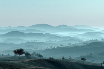 Aufkleber - Misty morning view of rolling hills and distant mountains captured in serene hues of blue and green