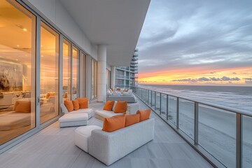 Aufkleber - Modern beachfront balcony with sunset view offers relaxation space and coastal ambiance near the ocean