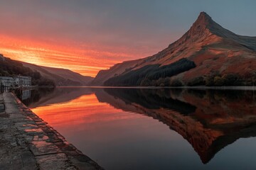 Aufkleber - Mountain reflection at sunset over a tranquil lake in a serene valley during autumn season