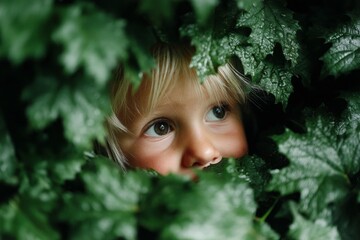 Poster - Child peeking through lush green leaves in a natural setting during daytime exploration