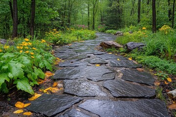 Poster - Lush garden path lined with vibrant flowers and wet stones in a tranquil forest setting during early summer