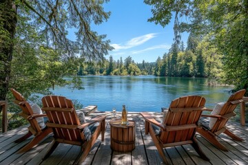 Poster - Relaxing riverside seating in lush forested surroundings on a bright sunny day