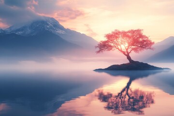 Poster - Majestic lone tree reflecting on tranquil lake during sunset near mountains