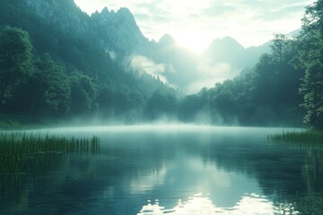 Aufkleber - Serene lake surrounded by misty mountains at dawn with soft sunlight illuminating the landscape