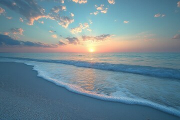Aufkleber - Beautiful sunset over calm ocean waves at the beach during evening hours illuminating the sky with vibrant colors