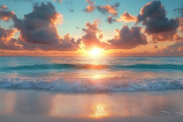 Aufkleber - Sunset over tranquil ocean waves at a serene beach with colorful clouds in the sky